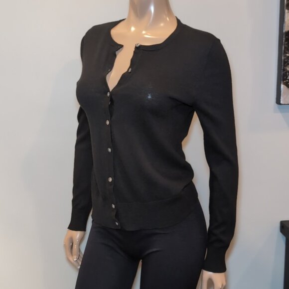 Ann Taylor Buttoned Cardigan Sweater Cotton Knit Crew Neck Womens Medium Black - Picture 5 of 10